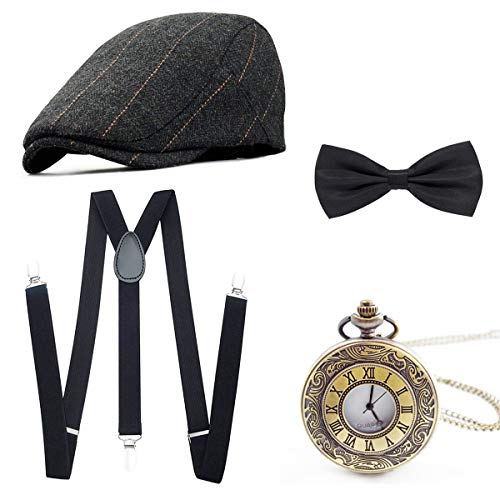 Wagoog Accesorios para Hombre de la década de 1920, Conjunto de Traje mafioso Gatsby Que Incluye Gorro de Panamá, Correas elásticas Ajustables, Corbata de Nudo para Hombre y Reloj de Bolsillo Vintage