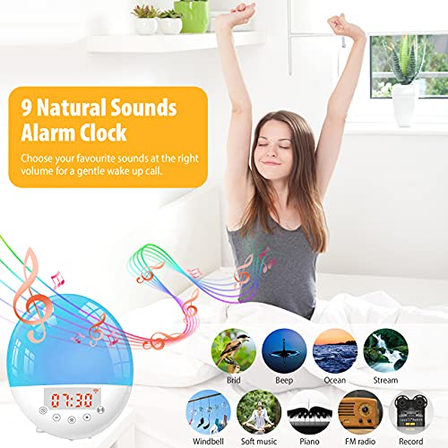 Wake Up Light LED Despertador, Larkotech Luz Despertador Simulación de Amanecer y Atardece, 7 Luces de Colores, Función Snooze, 30 Niveles Brillo, 9 Sonidos, Radio FM, Control de VozReloj
