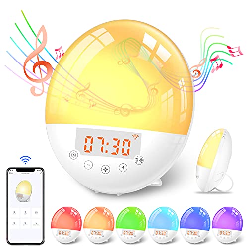 Wake Up Light LED Despertador, Larkotech Luz Despertador Simulación de Amanecer y Atardece, 7 Luces de Colores, Función Snooze, 30 Niveles Brillo, 9 Sonidos, Radio FM, Control de VozReloj
