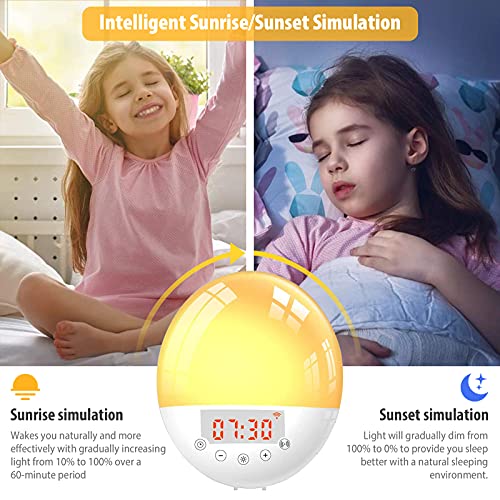 Wake Up Light LED Despertador, Larkotech Luz Despertador Simulación de Amanecer y Atardece, 7 Luces de Colores, Función Snooze, 30 Niveles Brillo, 9 Sonidos, Radio FM, Control de VozReloj