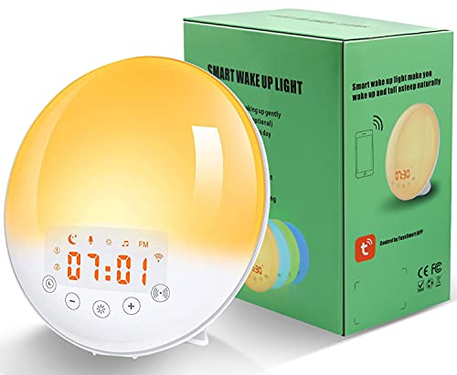Wake Up Light LED Despertador, Larkotech Luz Despertador Simulación de Amanecer y Atardece, 7 Luces de Colores, Función Snooze, 30 Niveles Brillo, 9 Sonidos, Radio FM, Control de VozReloj