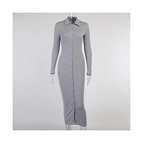 WANGHHH Vestidos De Manga Larga Vestidos De Mujer Botón De Punto Tobillo Longitud con Cuello En V Flaco Otoño Vestidos Sexy Mujeres Algodón División Sets (Color : Gray, Size : L.)