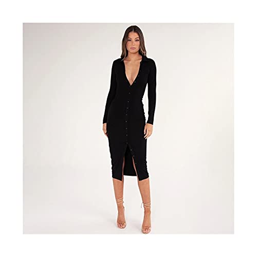 WANGHHH Vestidos De Manga Larga Vestidos De Mujer Botón De Punto Tobillo Longitud con Cuello En V Flaco Otoño Vestidos Sexy Mujeres Algodón División Sets (Color : Gray, Size : L.)