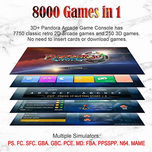 WaQoo Pandora Box 3D+ WiFi Retro Consola Maquina recreativa Arcade Video, con 8000 Juegos (Incluye 2D & 3D Juegos) y 8 Botones Consola, Soporte de Tarjeta TF + USB DIS, para PC/ PS3/ TV (VGA/HDMI/USB)