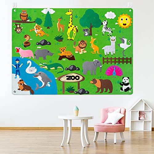WATINC Fieltro Storyboard Zoo 42p 3.5Ft Preescolar Wild Jungle Animals Storytelling Franela Tablero Safari Animales Aprendizaje temprano Kit de Juego Educativo Colgante Juguetes