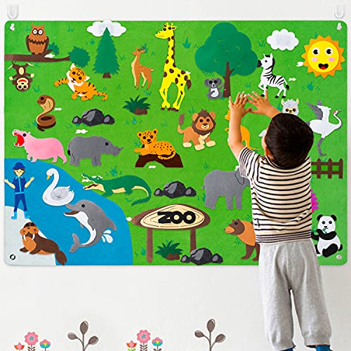 WATINC Fieltro Storyboard Zoo 42p 3.5Ft Preescolar Wild Jungle Animals Storytelling Franela Tablero Safari Animales Aprendizaje temprano Kit de Juego Educativo Colgante Juguetes