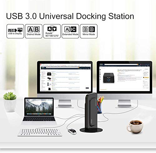 WAVLINK USB 3.0 Universal Docking Station con Peana Desmontable, Dual Display con Puerto HDMI/DVI/VGA, 2 USB 3.0 + 4 USB 2.0, Gigabit Ethernet y Audio Jack para PC y Mac, Windows