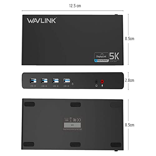 WAVLINK USB 3.0 / USB C Ultra 5K Universal Docking Station admite Dual 4K Video Salidas para portátil, PC o Mac(DisplayPort y HDMI, Gigabit Ethernet,6 Puertos USB 3.0)