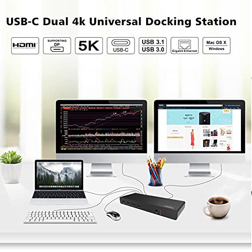 WAVLINK USB 3.0 / USB C Ultra 5K Universal Docking Station admite Dual 4K Video Salidas para portátil, PC o Mac(DisplayPort y HDMI, Gigabit Ethernet,6 Puertos USB 3.0)