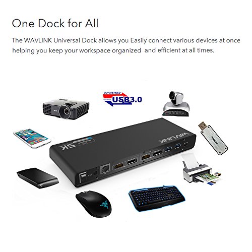WAVLINK USB C＆3.0 Ultra 5K Docking Station HD Dual Video Multifunción Display con USB-C in,2x5K DP Puertos y 2x4K HDMI Puertos, 6xUSB 3.0, Gigabit Ethernet, Audio out y Mic in