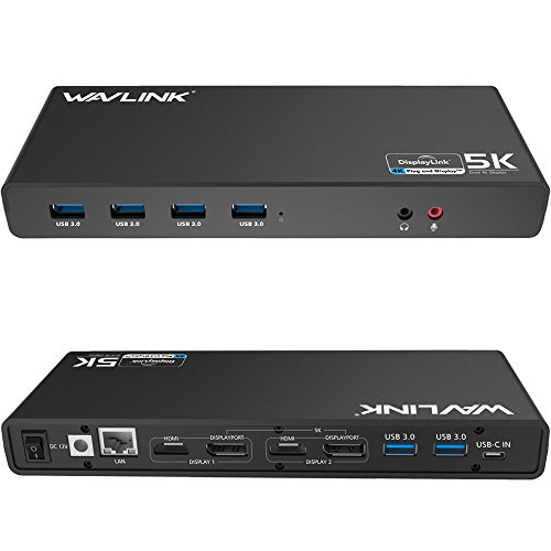 WAVLINK USB C＆3.0 Ultra 5K Docking Station HD Dual Video Multifunción Display con USB-C in,2x5K DP Puertos y 2x4K HDMI Puertos, 6xUSB 3.0, Gigabit Ethernet, Audio out y Mic in