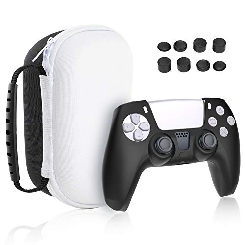 WD&CD 3 in 1 Funda Compatible con Play Station 5-1 Negro Funda Protectora de Silicona+ 8 Tapas de Botones (4 Tipos)+ 1 Caja de Almacenamiento en Blanco y Negro Compatible para PS5