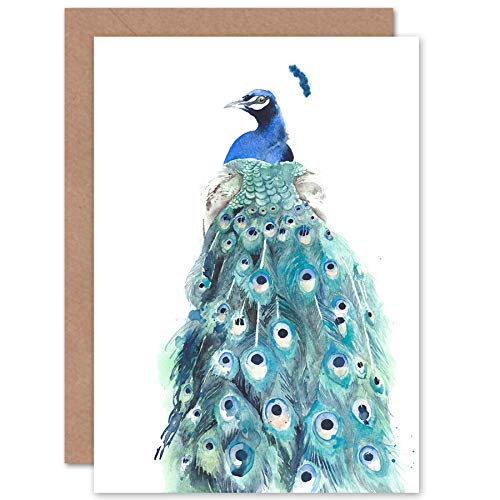 Wee Blue Coo Tarjeta de felicitación de acuarela con sobre, diseño de pájaro pavo real