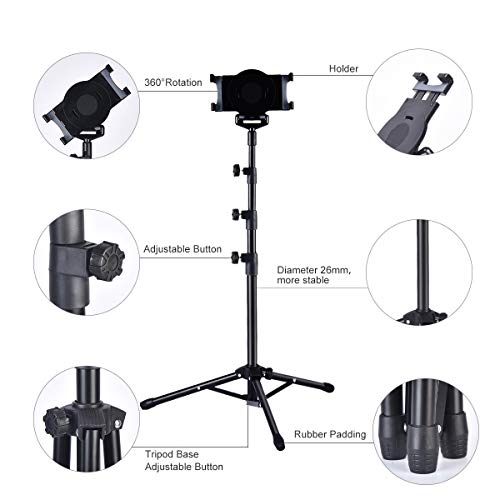WEIYUDANG iPad Tripod Mount Floor Stand, Altura Ajustable 20 a 60 Pulgadas Tablet Tripod Stand Mount para iPad, iPad Pro 11 '', iPad 9.7 '', Estuche portátil y Control Remoto Bluetooth como Regalo
