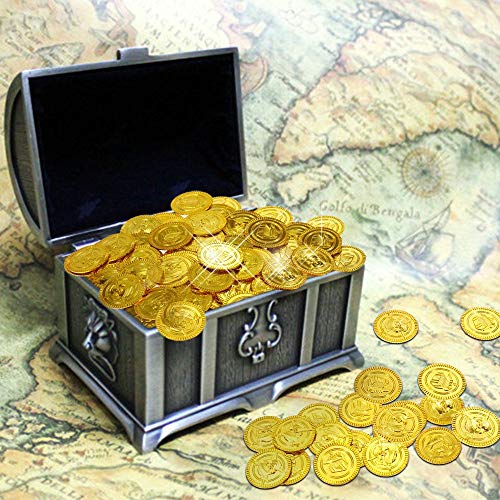 WELLXUNK Monedas Oro,100 Moneda de Fiesta Piratas ,Monedas de Oro plástico,Conjunto de Juguete Joya Moneda de Oro para Niños Fiesta Pirata Infantil Cumpleaños Regalo