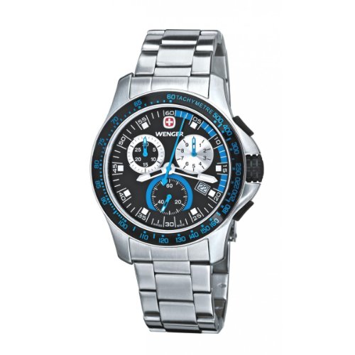 Wenger Battalion Chrono Sport Stainless Steel Mens Watch Calendar Black & Blue Bezel 70787