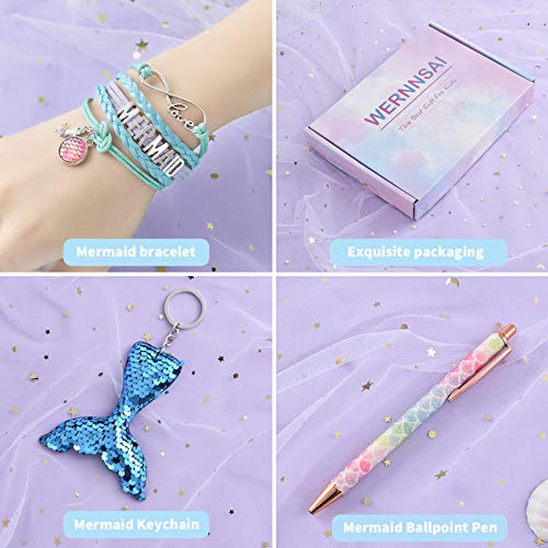 WERNNSAI Juego de Cuaderno de Sirena - Diario con Purpurina para niños Patrones de Bordado Diario de Viaje Escolar Bloc de Notas Bolígrafos Llaveros Pulseras Cerraduras Llaves Cumpleaños