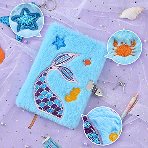 WERNNSAI Juego de Cuaderno de Sirena - Diario con Purpurina para niños Patrones de Bordado Diario de Viaje Escolar Bloc de Notas Bolígrafos Llaveros Pulseras Cerraduras Llaves Cumpleaños