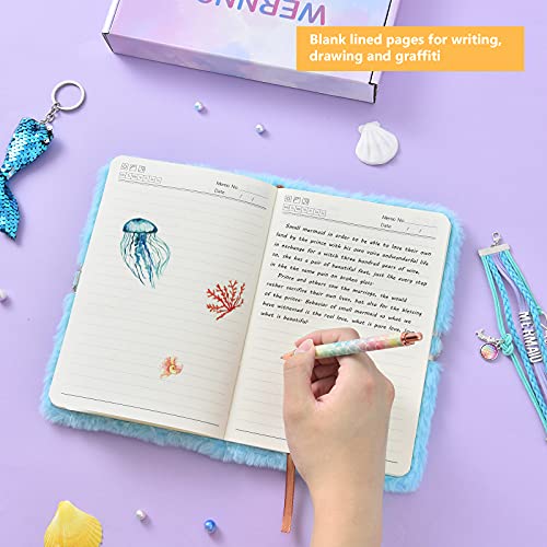 WERNNSAI Juego de Cuaderno de Sirena - Diario con Purpurina para niños Patrones de Bordado Diario de Viaje Escolar Bloc de Notas Bolígrafos Llaveros Pulseras Cerraduras Llaves Cumpleaños