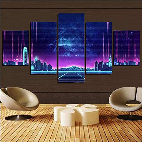 wodclockyui 5 Piezas Cuadro de Lienzo- Synthwave Music Retro Neon City Pintura 5 Impresiones de imágenes Decoración de Pared para el hogar Pinturas y Carteles de Arte HD 200cmx100cm sin Marco