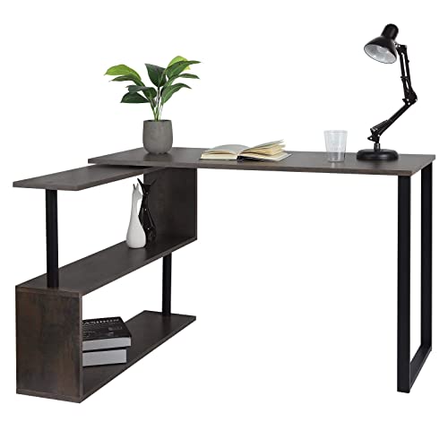 WOLTU Mesa de Ordenador Escritorio Puede Girar el Angulo Mesa de Trabajo PC Mesa Portátil con Estantes 120x100x74cm (WxDxH) MDF Negro+Oxidado TS65srs