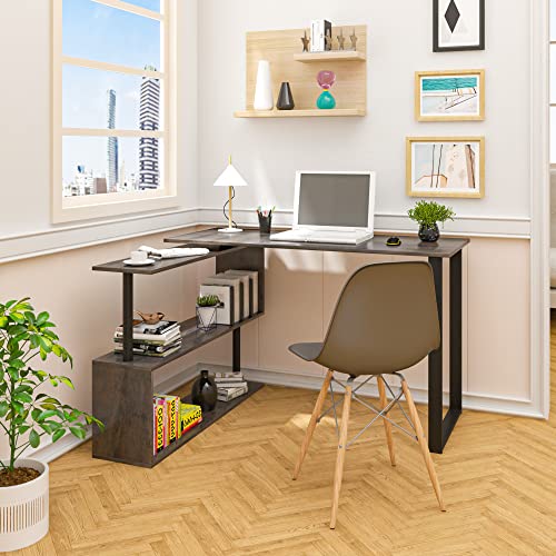 WOLTU Mesa de Ordenador Escritorio Puede Girar el Angulo Mesa de Trabajo PC Mesa Portátil con Estantes 120x100x74cm (WxDxH) MDF Negro+Oxidado TS65srs
