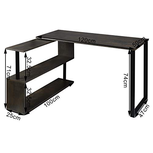 WOLTU Mesa de Ordenador Escritorio Puede Girar el Angulo Mesa de Trabajo PC Mesa Portátil con Estantes 120x100x74cm (WxDxH) MDF Negro+Oxidado TS65srs