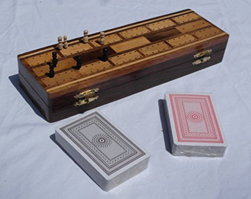 Wooden Cribbage Board with pegs and Two Packs of Playing Cards