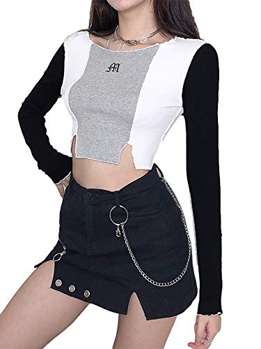 WUOOYOQ Blusa de manga larga para mujer, delgada, para adolescentes, Y2K, informal, para el ombligo, blusa de calle