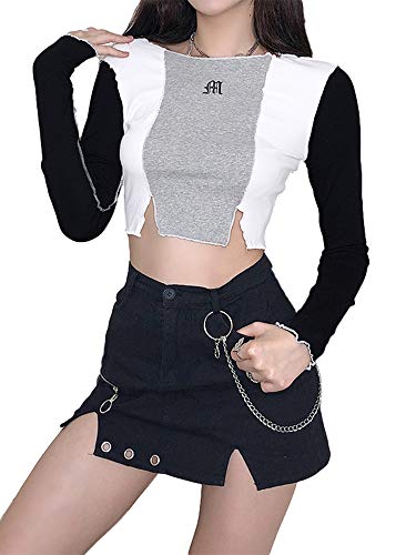 WUOOYOQ Blusa de manga larga para mujer, delgada, para adolescentes, Y2K, informal, para el ombligo, blusa de calle