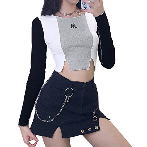 WUOOYOQ Blusa de manga larga para mujer, delgada, para adolescentes, Y2K, informal, para el ombligo, blusa de calle