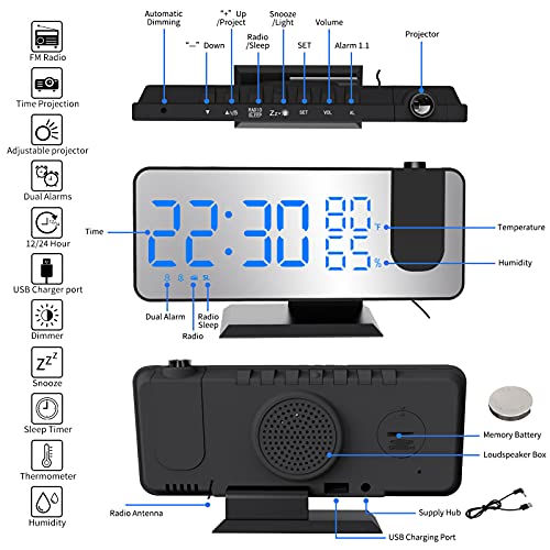 XDHEK Despertador Proyector,Radio Despertador Digital con proyección de 180° Giratorio, 32 FM Radio, Carga USB,4 Brillo de Proyección y Display,Función Snooze Alarma Dual， Temperatura y Humedad