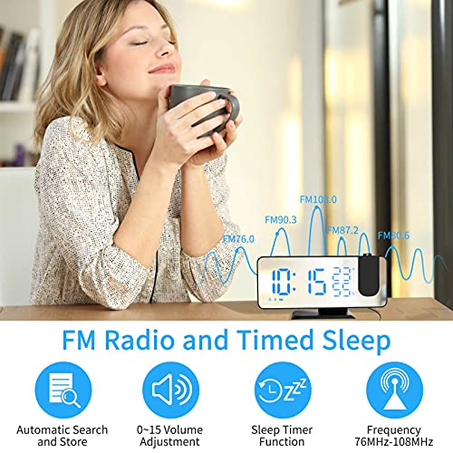 XDHEK Despertador Proyector,Radio Despertador Digital con proyección de 180° Giratorio, 32 FM Radio, Carga USB,4 Brillo de Proyección y Display,Función Snooze Alarma Dual， Temperatura y Humedad