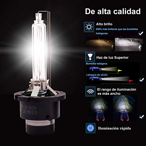 XELORD D2S Xenon Bombillas 6000K Luz Blanca 35W HID Faros de Coche,12V Para Automotores Lámpara Reemplazar (Paquete de 2)