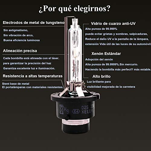 XELORD D2S Xenon Bombillas 6000K Luz Blanca 35W HID Faros de Coche,12V Para Automotores Lámpara Reemplazar (Paquete de 2)