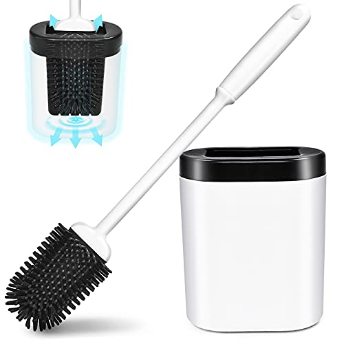 XOC Escobilla de inodoro, limpiador profundo de silicona, juego de cepillos de inodoro y soportes para suelo de baño o pared montada (blanco)