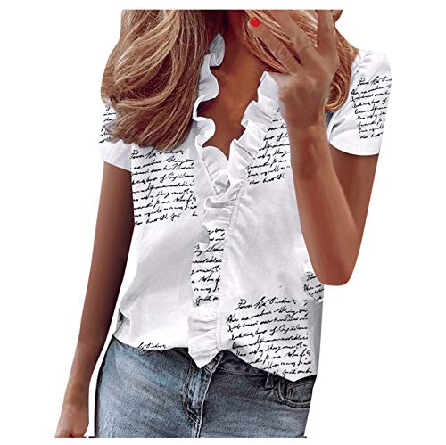 YANFANG Blusas de Mujer Elegantes,Camiseta Casual de Manga Corta con Encaje de Moda para Mujer Top de Color s贸lido con Cuello en V