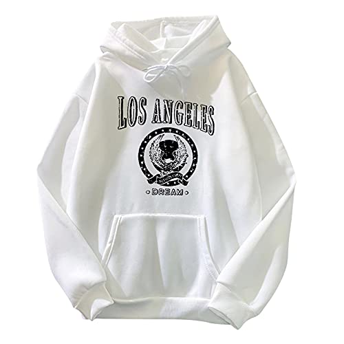 YANFANG Sudadera De Mujer con Capucha, Los Angeles Dream, Abrigo Holgado Y Terciopelo,Sudadera Manga Larga Estampado Mujer, Blusa Informal, Jersey,Tops Deportivos para Blusas Sueltas,Blanco,L