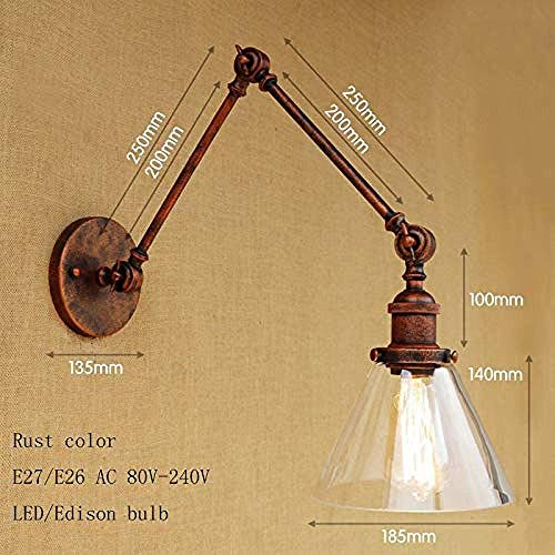 YANGHHONG-lámpara de pared- Pantalla de vidrio transparente industrial moderno para interiores METAL Set de pantalla gratis Largo Swilling para sala de estar Restaurante Bar E27 Rust XBYSNWBD-2
