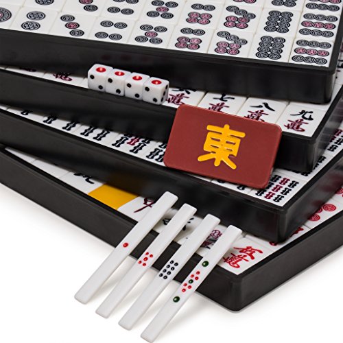 Yellow Mountain Imports Juego de Mahjong Japonés Riichi - Fichas Blancas y Amarillas con Estuche de Vinilo Negro - con Ficha de Viento este, Juego de Palos para Apuestas y Dados
