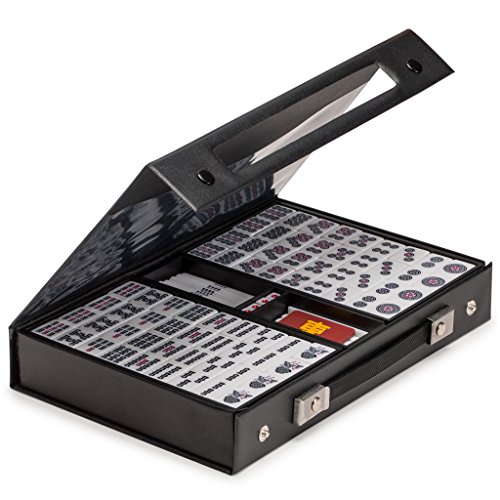 Yellow Mountain Imports Juego de Mahjong Japonés Riichi - Fichas Blancas y Amarillas con Estuche de Vinilo Negro - con Ficha de Viento este, Juego de Palos para Apuestas y Dados