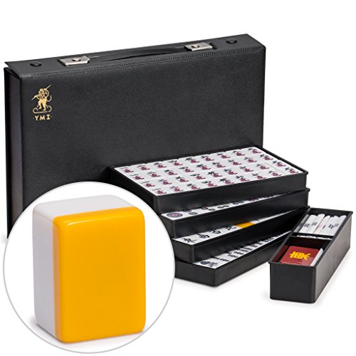 Yellow Mountain Imports Juego de Mahjong Japonés Riichi - Fichas Blancas y Amarillas con Estuche de Vinilo Negro - con Ficha de Viento este, Juego de Palos para Apuestas y Dados