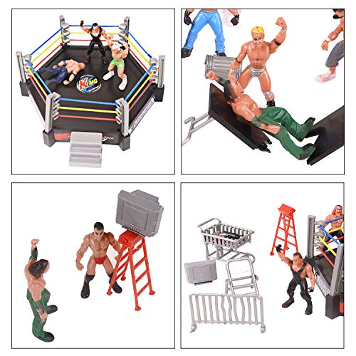 YIJIAOYUN Wrestling Figuren, Wrestling-Spielset enthält 1 Ring, 12 Miniatur-Action-Wrestling-Spieler und mehrere realistische Accessoires für Kinder