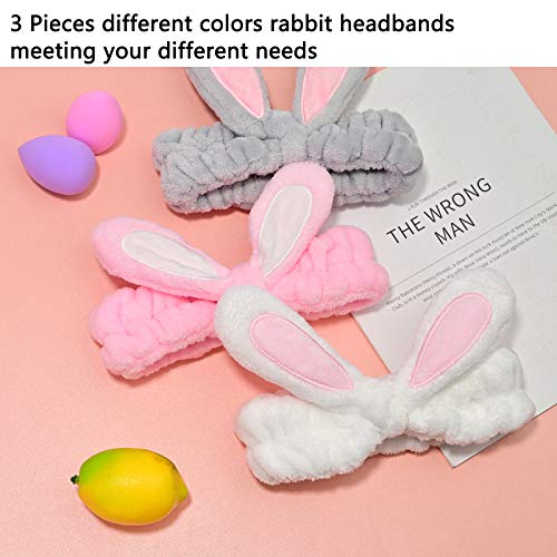 YMHPRIDE Spa Diadema - Diadema de conejo de 3 piezas para niñas, mujeres, encantadora y suave diadema elástica Carol con juego de licuadora de esponja de maquillaje