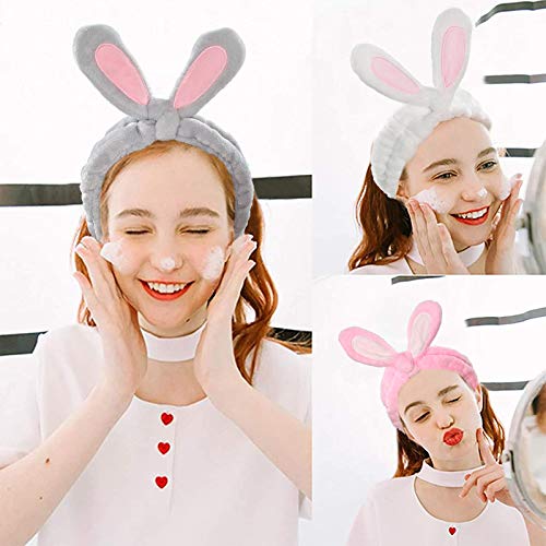 YMHPRIDE Spa Diadema - Diadema de conejo de 3 piezas para niñas, mujeres, encantadora y suave diadema elástica Carol con juego de licuadora de esponja de maquillaje