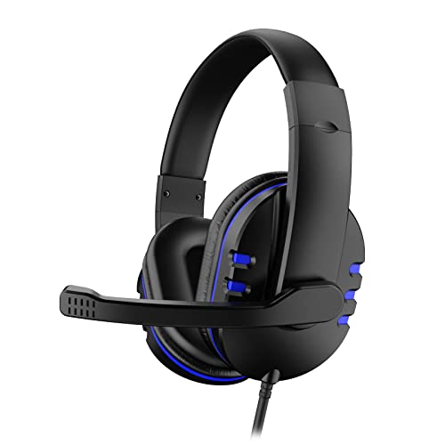 Yolispa Gaming Headset with Mic for Xbox One/PS4, Over-Ear Noise Isolation Bass Gaming Headphones with Microphone, Surround Sound, Volume Control (Black+Blue)