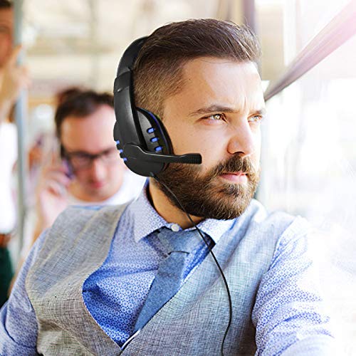 Yolispa Gaming Headset with Mic for Xbox One/PS4, Over-Ear Noise Isolation Bass Gaming Headphones with Microphone, Surround Sound, Volume Control (Black+Blue)