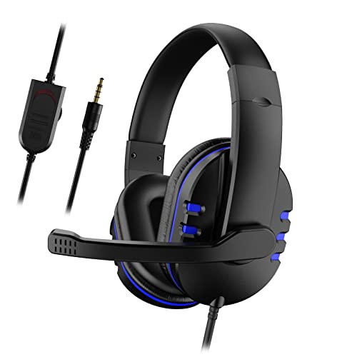 Yolispa Gaming Headset with Mic for Xbox One/PS4, Over-Ear Noise Isolation Bass Gaming Headphones with Microphone, Surround Sound, Volume Control (Black+Blue)