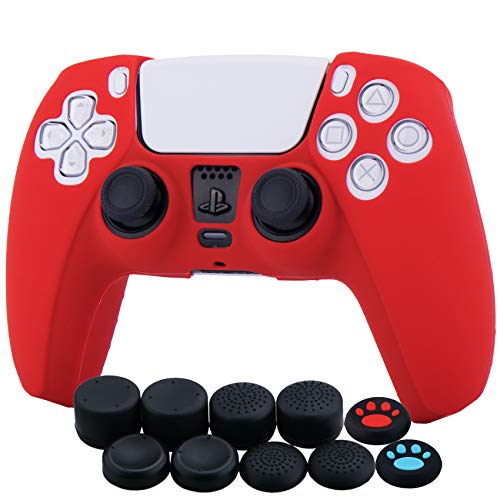 YoRHa Silicona Funda Piel Carcasas Cubierta para PS5 Dualsense Mando x 1 (Rojo) con Agarres para el Pulgar x 10