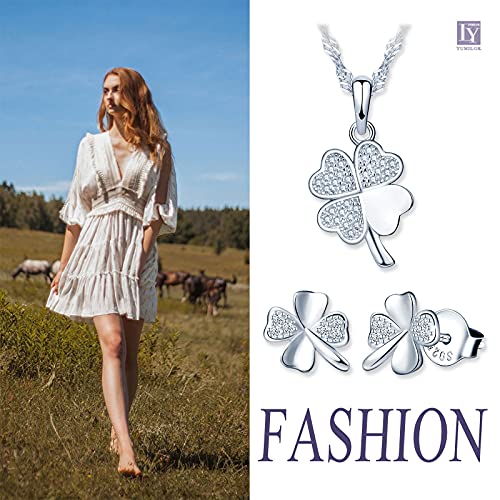 Yumilok-Juego de trébol de cuatro hojas de la suerte con colgante de circonita de plata esterlina S925 para pendientes de plata de ley 925 para mujer juego de trébol de cuatro hojas de la suerte
